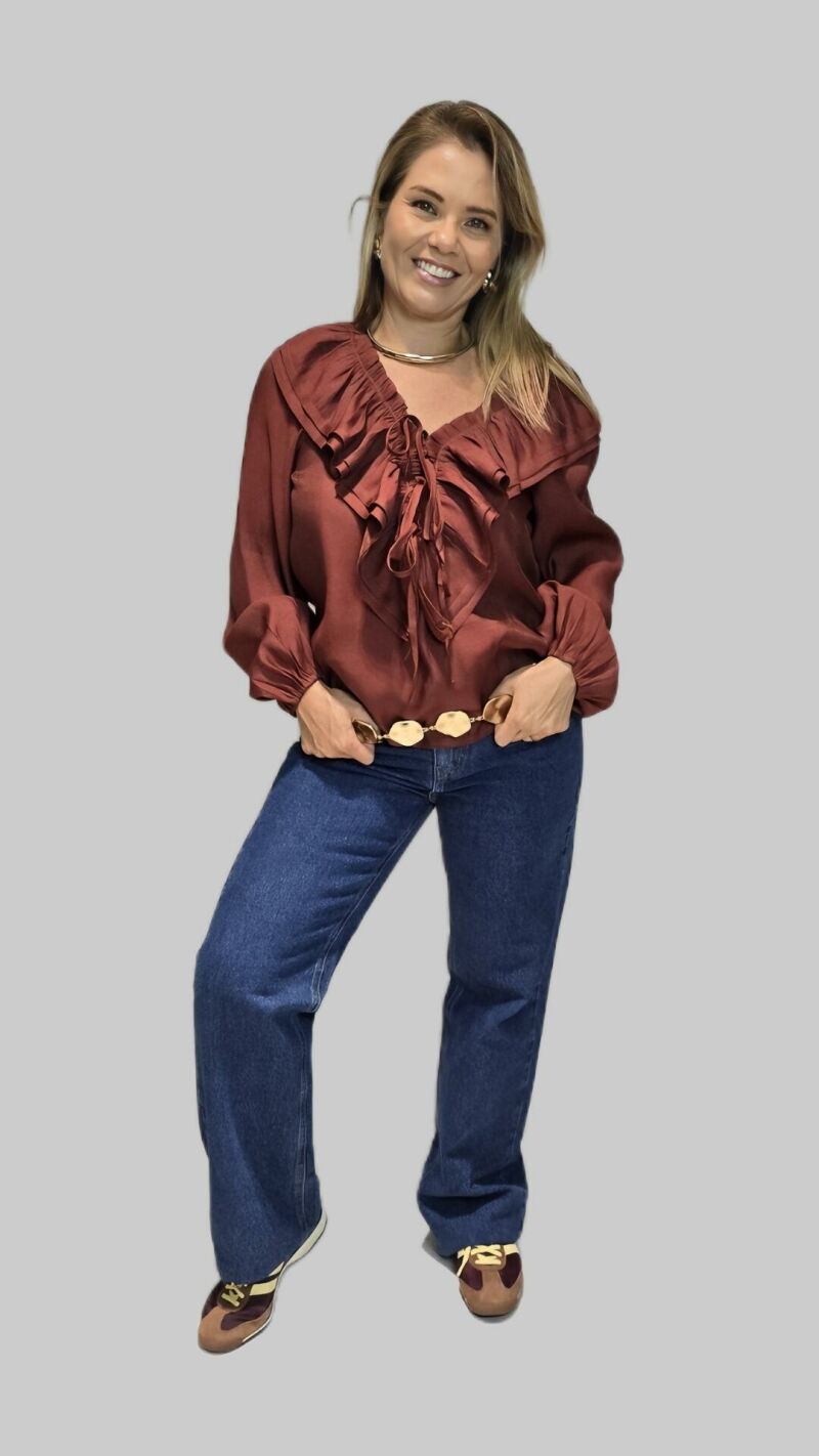 Imagem de Camisa Lua – Terracota, Manga Longa em Viscose com Babados e Amarração | Estilo Boho Chic